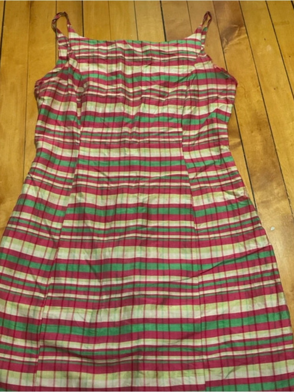 Sleeveless Pink and Green Plaid Mini Dress with Spaghetti Straps